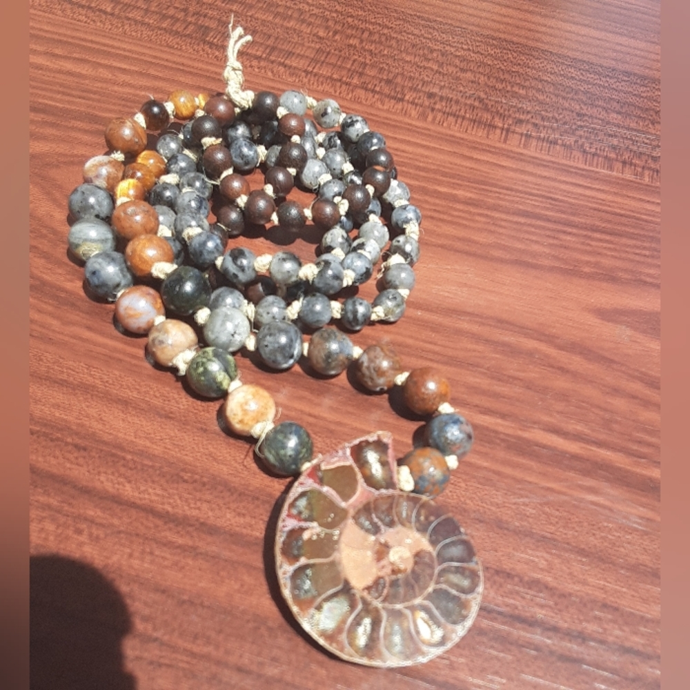 Handmade Ammonite/ Pietersite/ Hemp Knotted Necklace